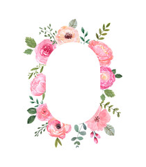 Modern oval shaped floral frame illustration. Watercolor pink flowers and greenery wreath. Wedding invitation template, greeting card design.
