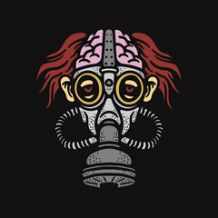 scary clown illustration wearing a gas mask