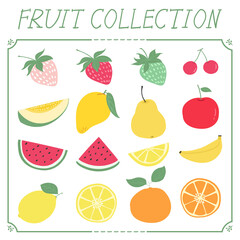 Set of colorful cartoon fruit icons, Vector illustration, isolated on white.
