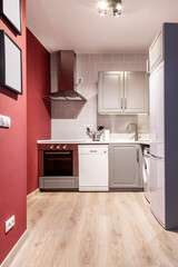 Fototapeta premium kitchen of a vacation rental apartment with all the comforts, a large white refrigerator in a corner, oven, extractor hood and white dishwasher
