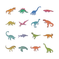 Happy cartoon dinosaur character set. A flat set of 16 wild dinosaur icons on a white background