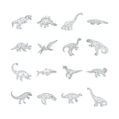 Fototapeta premium Happy cartoon dinosaur character set. A flat set of 16 wild dinosaur icons on a white background