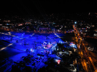 Aerial night view of New Year's Eve preparations in the city of Zakopane in Poland