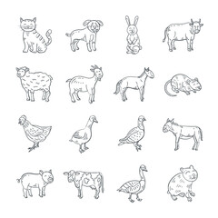 Set with different farm animals in a linear doodle style. Vector image with isolated pets on a white background.