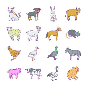 Set with different farm animals in a linear doodle style. Vector image with isolated pets on a white background.