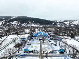 Aerial view of New Year's Eve preparations in the city of Zakopane in Poland