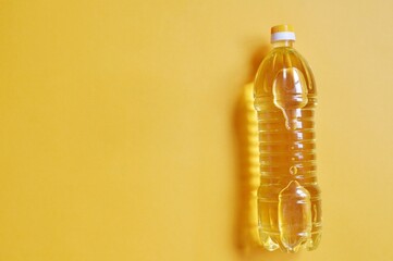 Bottle of sunflower cooking oil top view food photography. Mockup, free space for text