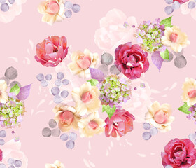 Fashion digital pattern photo print rose and tulip flowers - abstract  bright floral ornament on light pink background.