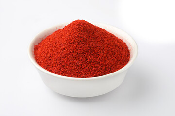Indian spice Red chilli powder in white ceramic bowl