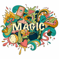 Cartoon hand drawn doodles about magic. Magic coloring page