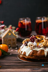 cake with chocolate and nuts and mulled wine