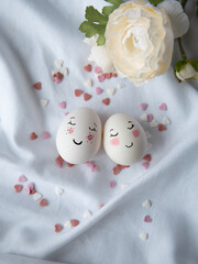 Funny eggs. Easter.  Easter painted egg. Bunny. Cute and funny. Easter table setting. Handmade. Kids craft. Hearts. Love. Romantic concept. 