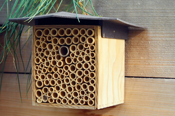 A bee house made of wood on a fence in the garden, a handmade beehive made of bamboo tubes. Careful...