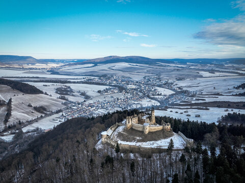 Aerial view of castle in Zborov village in Slovakia