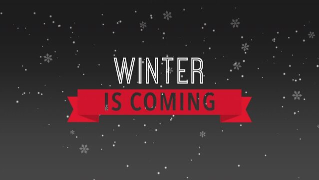 Winter Is Coming with fly white snowflakes and red ribbon, motion holidays and retro style background for New Year and Merry Christmas