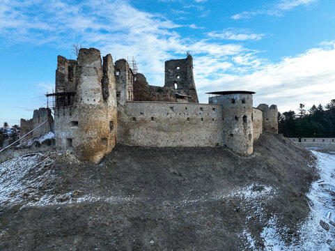 Aerial view of castle in Zborov village in Slovakia