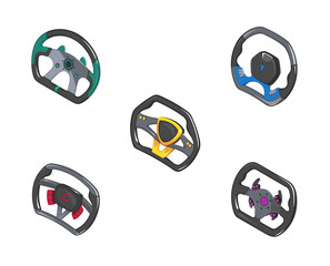 Auto steering wheel in isometry. Set of different auto steering wheels. Racing steering wheels in isometrics. 3d vector steering wheels in cartoon style. Game icons auto steering wheels. Illustration 