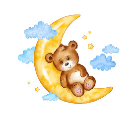 Watercolor hand draw illustration brown Teddy bear sleeping on the moon. Can be used for cards, invitations, baby shower, posters