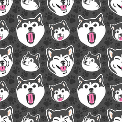 CUTE HUSKY DOG WITH SOME DIFFERENT EXPRESSIONS IN BLACK BACKGROUND. FLAT SEAMLESS PATTERN.