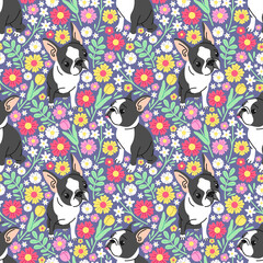 CUTE FRENCH BULLDOG WITH FUNNY FACE IN FLORAL BACKGROUND. FLAT SEAMLESS PATTERN.