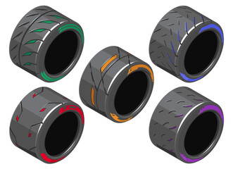 Auto tire in isometry. Set of car tires with different treads. Different 3d auto tire. Auto tire icons on white background. Tire clipart with different tread pattern. EPS 10 vector illustration