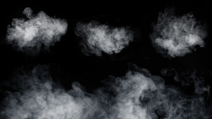 Un ensemble de différents types de fumée tourbillonnante, tordue, de vapeur isolée sur fond noir pour la superposition sur vos photos
