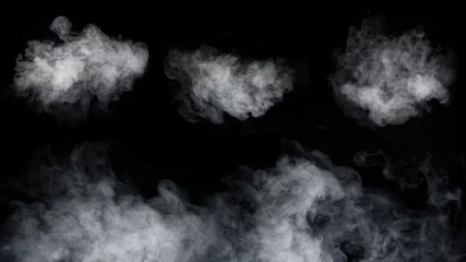 Photo sur Plexiglas Fumée Un ensemble de différents types de fumée tourbillonnante, tordue, de vapeur isolée sur fond noir pour la superposition sur vos photos