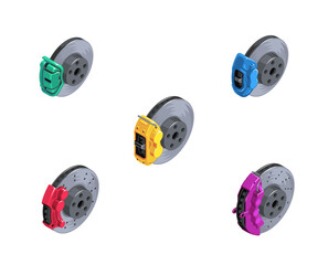 Clipart of brake disks. Set of brakes in isometrics. Game style of different brakes. Detail of the wheel hub. Sports brakes of different colors. Brake discs. Vector illustration EPS 10