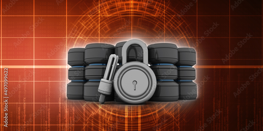 Poster 3d illustration database storage security concept. disk with lock around bulb