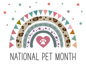 National Pet Month vector concept. Cute rainbow, stars, pet paw print and heart on a white background. - obrazy, fototapety, plakaty