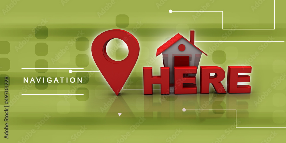 Poster 3d illustration search for property. a map with large red gps pointer containing home