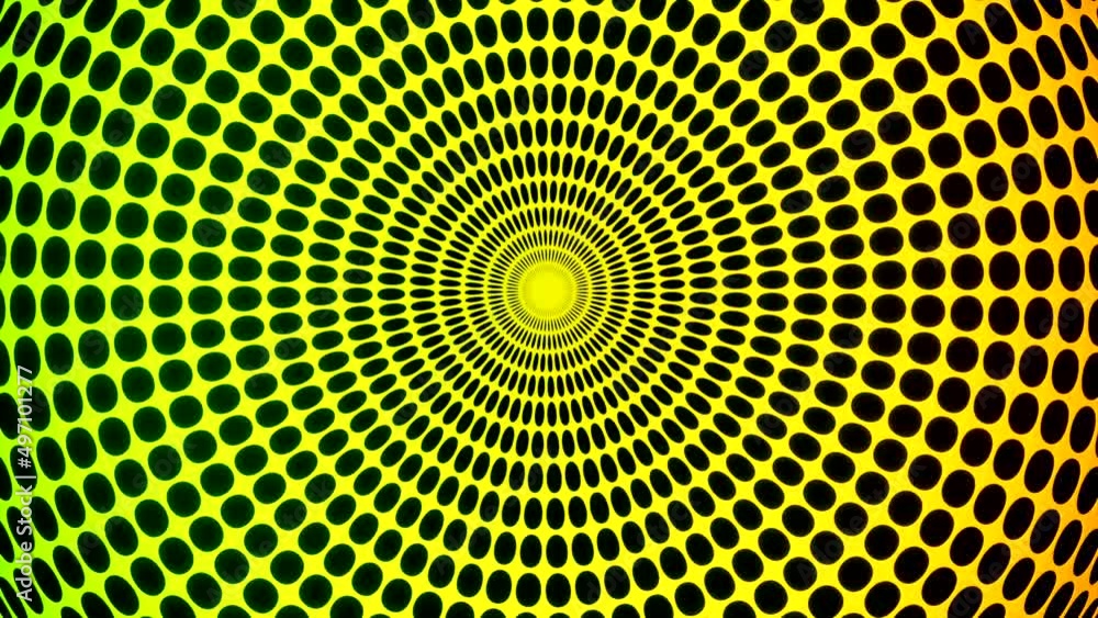 Poster hypnotic abstract animated colorful rays of small squares moving and blinking around the circle. des