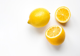 Fresh lemon fruit composition on white background. Lemon and slices flat lay. Food concept. Top view, space for text