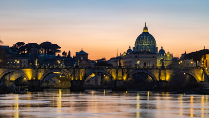 St. Angelo Bridge and St. Peter's Basilica at Sunset