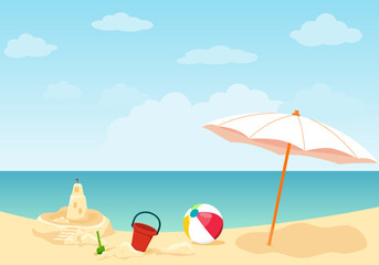 Fototapeta na wymiar Sand castle on a sandy beach with a blue sea ocean and a clear summer sunny coastline sky in the background. Children's toys left on the sand on vacation under a beach umbrella. Cartoon vector 