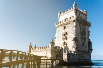 Fototapeta na wymiar Belem Tower surrounded by water in Lisbon, Portugal