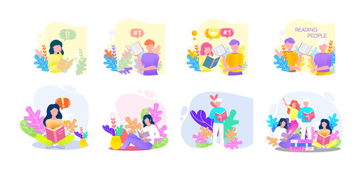 Reading people flat character set with books magazines literature isolated vector illustration. Young male and female readers dressed in trendy clothes relaxing at home with books or textbooks