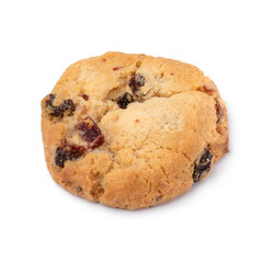 Single fresh baked chocolate cranberry cookie close up isolated on white background