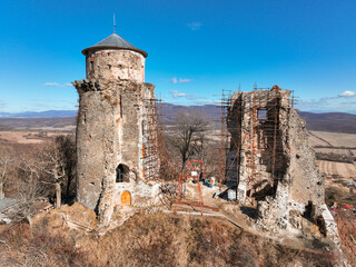 Aerial view of castle in village Slanec in Slovakia
