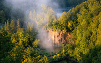 Fototapeta na wymiar Cold summer morning at Plitvice lakes National park in Croatia