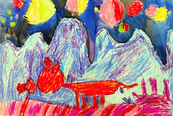 children's drawing. drawn with pencils, wax, pastel on paper.