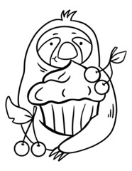 Doodle outline illustration on white background. Summer sloth illustration for coloring book. Comic animal painting. White background.