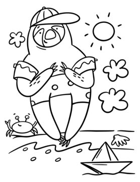 Doodle outline illustration on white background. Summer sloth illustration for coloring book. Comic animal painting. White background.