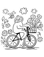Doodle outline illustration on white background. Summer sloth illustration for coloring book. Comic animal painting. White background.
