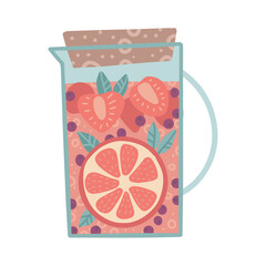 Strawberries and sitrus slices in a glass jug, container with fresh summer coctail. Vegan and refreshment, nutrition with vitamins. Vector flat hand drawn illustration. Grapefruit lemonade drink.