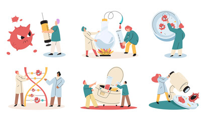 Antivirus vaccine. Scientists conducting scientific researches, laboratory assistants test tubes working in medical lab researchers making chemical experiments test liquids and equipment. Virus in lab