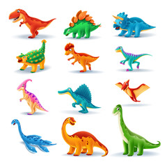 cartoon dinosaur icon set - obrazy, fototapety, plakaty