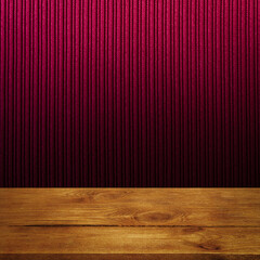The background is blank wooden boards and a textured striped wall with gradient lighting and vignetting.