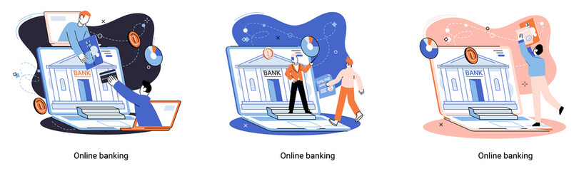 Online banking platform metaphor, remote bank service, online transaction system for mobile investment and payment. Banking operations, currency exchange, check account, manage deposit, e-commerce