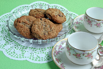 Antique China for a hot drink to have with Oatmeal Chocolate Chip Cookies